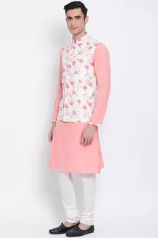 Men's Light Pink plain Kurta with Light Pink Nehru Jacket and White Pyjama Set
