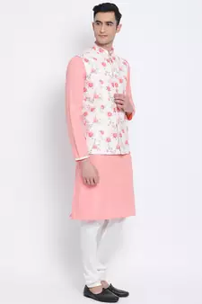Men's Light Pink plain Kurta with Light Pink Nehru Jacket and White Pyjama Set