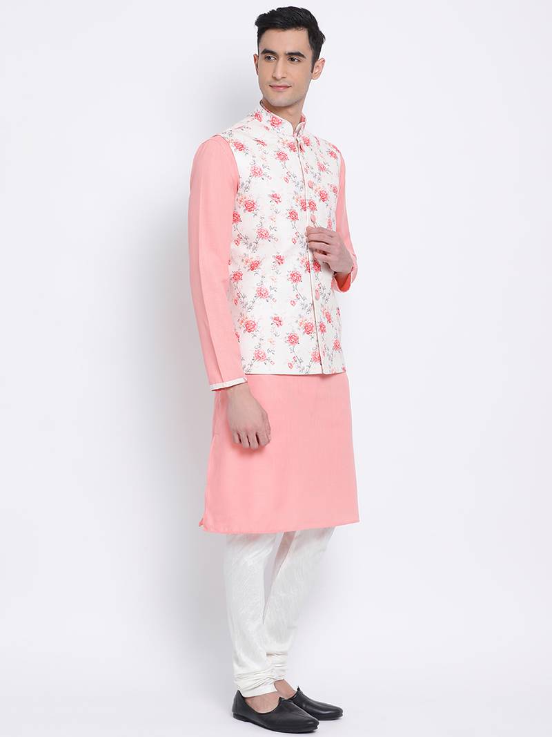 Men's Light Pink plain Kurta with Light Pink Nehru Jacket and White Pyjama Set