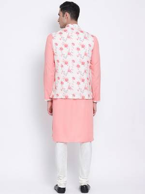 Men's Light Pink plain Kurta with Light Pink Nehru Jacket and White Pyjama Set 4