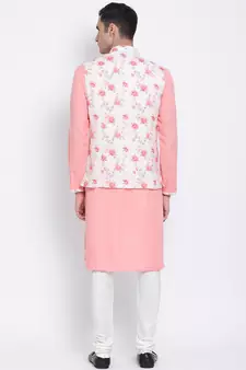 Men's Light Pink plain Kurta with Light Pink Nehru Jacket and White Pyjama Set