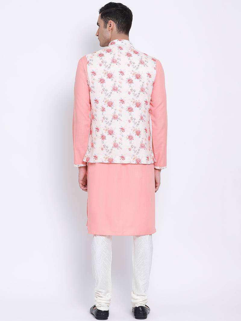 Men's Light Pink plain Kurta with Light Pink Nehru Jacket and White Pyjama Set