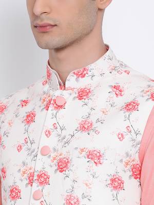 Men's Light Pink plain Kurta with Light Pink Nehru Jacket and White Pyjama Set 5