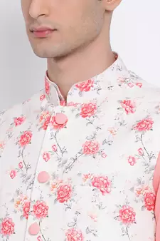 Men's Light Pink plain Kurta with Light Pink Nehru Jacket and White Pyjama Set