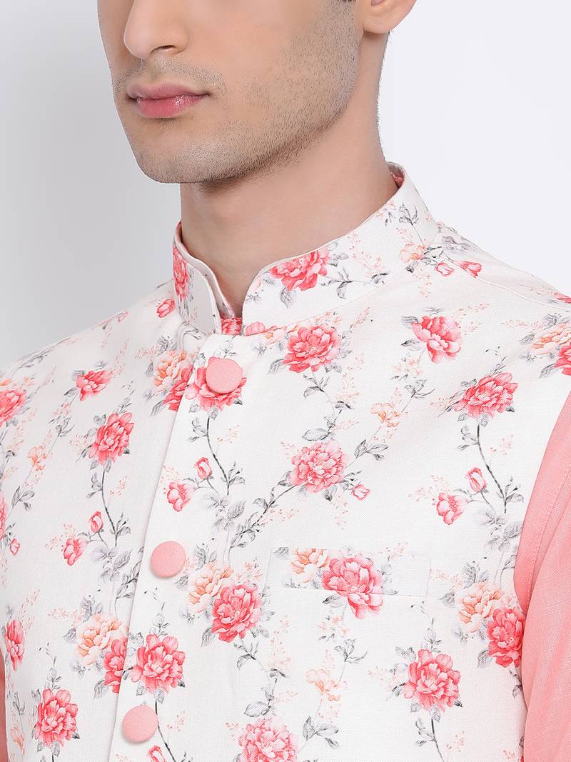 Men's Light Pink plain Kurta with Light Pink Nehru Jacket and White Pyjama Set