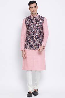 Men's Pink plain Kurta with Pink Nehru Jacket and White Pyjama Set