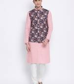 Men's Pink plain Kurta with Pink Nehru Jacket and White Pyjama Set