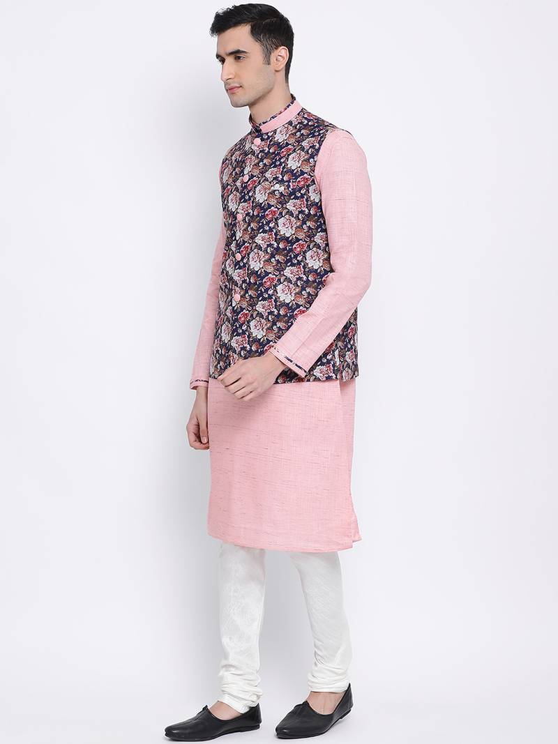 Men's Pink plain Kurta with Pink Nehru Jacket and White Pyjama Set