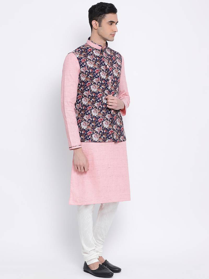 Men's Pink plain Kurta with Pink Nehru Jacket and White Pyjama Set