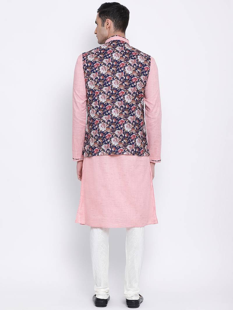 Men's Pink plain Kurta with Pink Nehru Jacket and White Pyjama Set