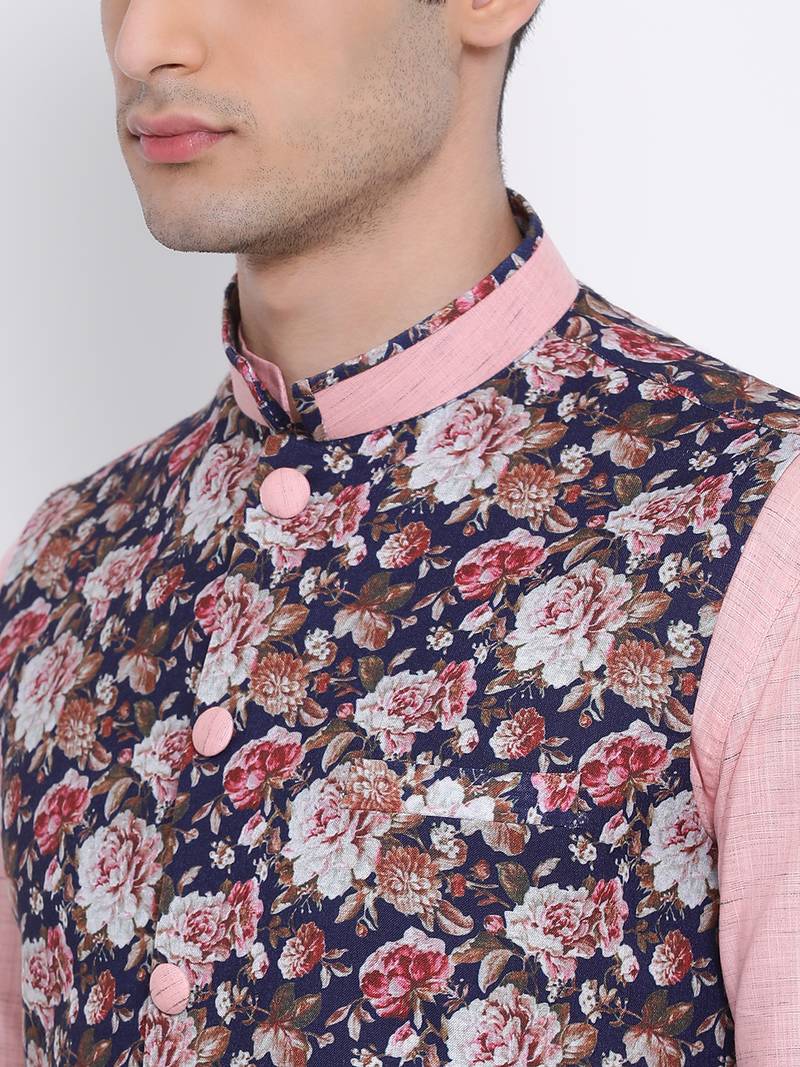 Men's Pink plain Kurta with Pink Nehru Jacket and White Pyjama Set