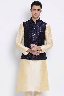 Men's Beige plain Kurta with Blue Nehru Jacket