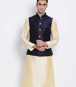 Men's Beige plain Kurta with Blue Nehru Jacket