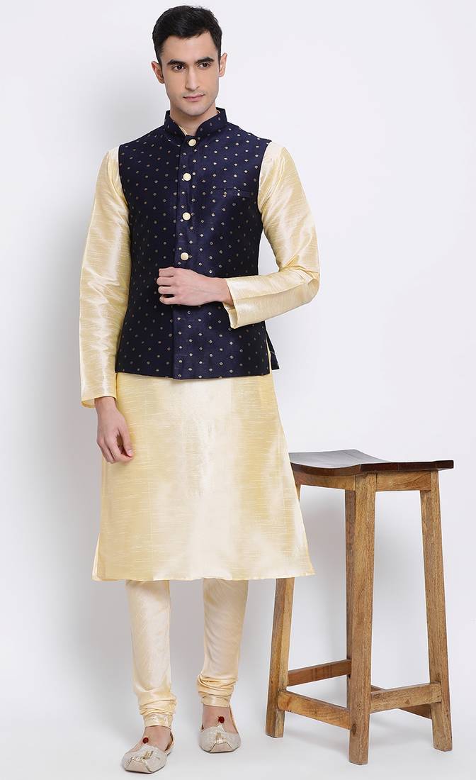 Men's Beige plain Kurta with Blue Nehru Jacket