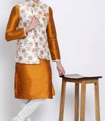 Men's Orange plain Kurta with OFF-White Nehru Jacket