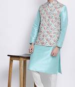 Men's Sky Blue plain Kurta with Off-White Nehru Jacket