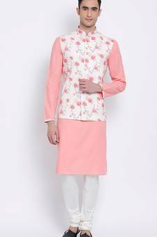 Men's Light Pink plain Kurta with Light Pink Nehru Jacket