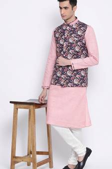 Men's Pink plain Kurta with Pink Nehru Jacket