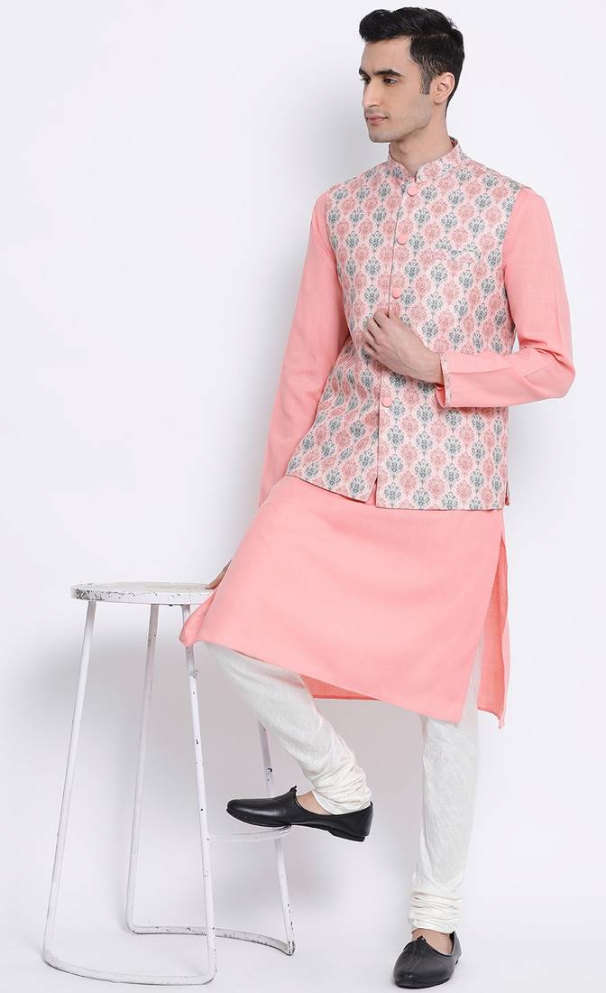 Men's Light Pink plain Kurta with Light Pink Nehru Jacket