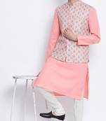 Men's Light Pink plain Kurta with Light Pink Nehru Jacket