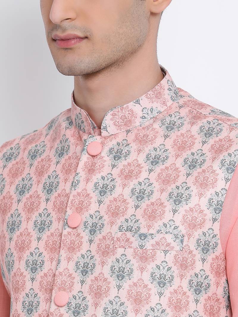 Men's Light Pink plain Kurta with Light Pink Nehru Jacket