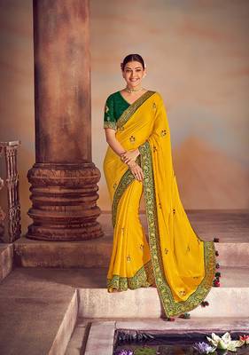 Yellow embroidered silk saree with blouse 1