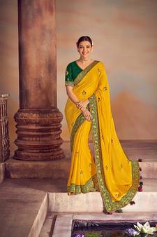 Yellow embroidered silk saree with blouse
