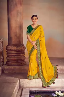 Yellow embroidered silk saree with blouse