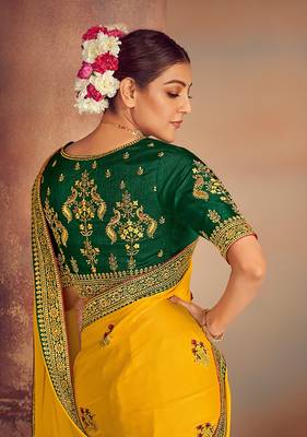 Yellow embroidered silk saree with blouse 2