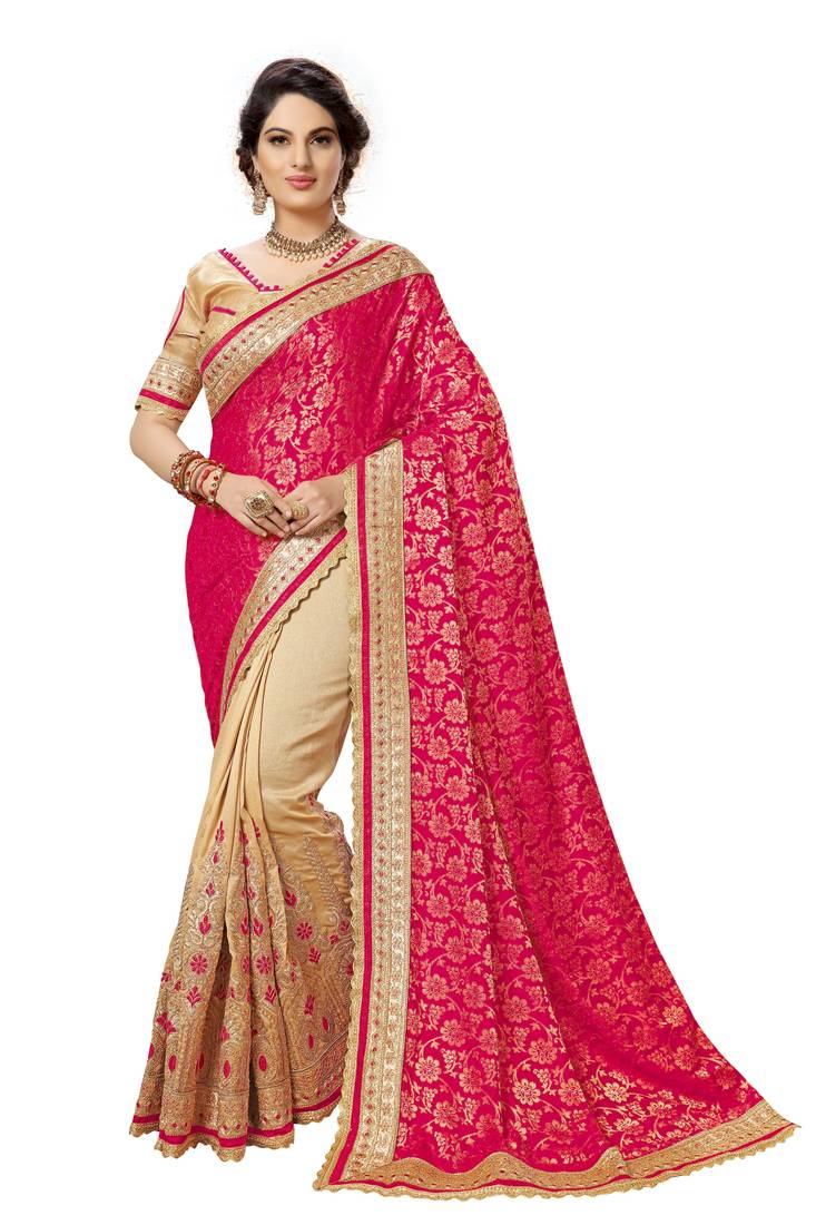 Pink embroidered silk saree with blouse