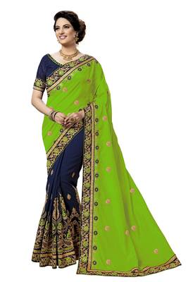 Trendmalls Green embroidered silk  Traditional Wedding Party Wear Bridal Saree with Blouse  1