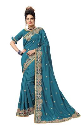Dark blue embroidered satin saree with blouse 1