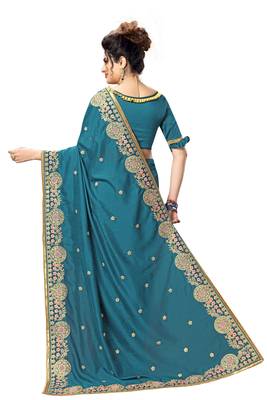 Dark blue embroidered satin saree with blouse 2