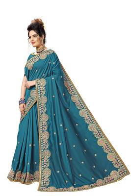 Dark blue embroidered satin saree with blouse 3