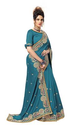 Dark blue embroidered satin saree with blouse 4
