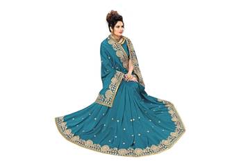 Dark blue embroidered satin saree with blouse 5