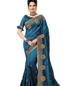 Dark blue embroidered satin saree with blouse