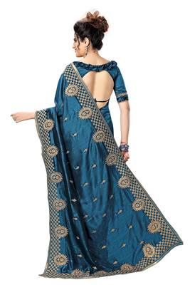 Dark blue embroidered satin saree with blouse 2