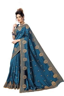 Dark blue embroidered satin saree with blouse 3
