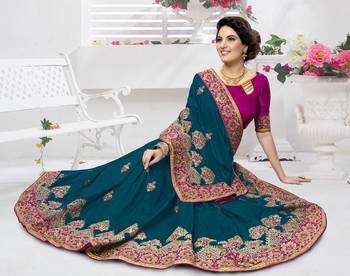 Trendmalls Dark blue embroidered silk   Traditional Wedding Party Wear Bridal Saree With Blouse   1