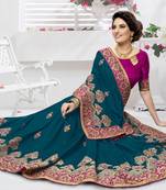 Trendmalls Dark blue embroidered silk   Traditional Wedding Party Wear Bridal Saree With Blouse  