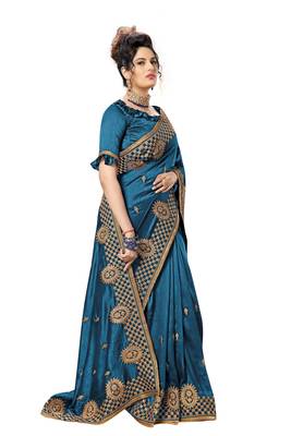 Dark blue embroidered satin saree with blouse 4