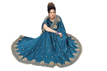 Dark blue embroidered satin saree with blouse 5