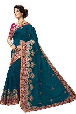 Trendmalls Dark blue embroidered silk   Traditional Wedding Party Wear Bridal Saree With Blouse   3