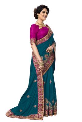 Trendmalls Dark blue embroidered silk   Traditional Wedding Party Wear Bridal Saree With Blouse   4