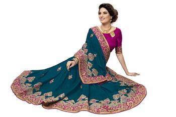 Trendmalls Dark blue embroidered silk   Traditional Wedding Party Wear Bridal Saree With Blouse   5
