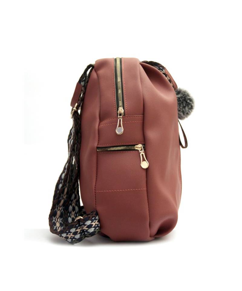Morus Pink Plain Pu Leather Backpack For Girls