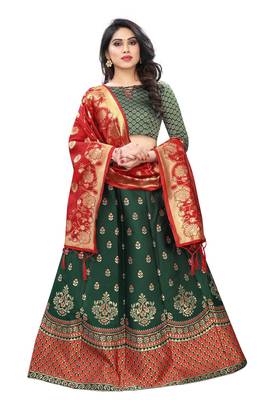 Green Jacquard semi stitched Lehenga Choli For Women. 1