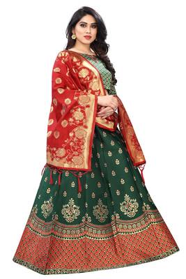 Green Jacquard semi stitched Lehenga Choli For Women. 3