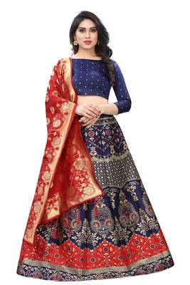 Red Jacquard semi stitched Lehenga Choli For Women. 1